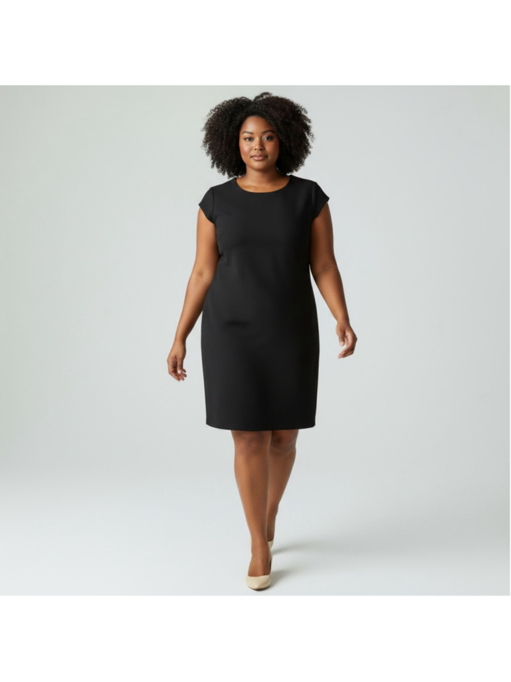 Size 14W Jones Studio classic black cap-sleeve sheath midi dress LBD Plus